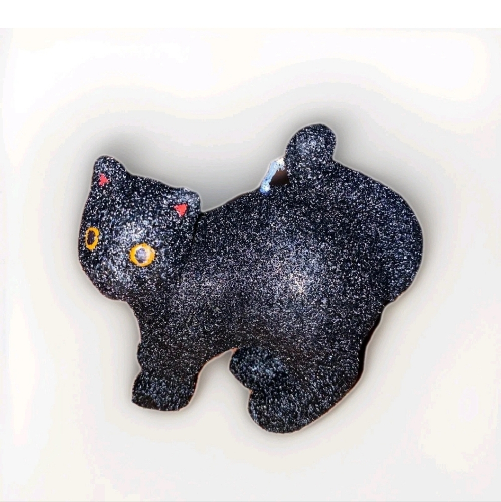 RARE Sparkle POTTERY BARN Black Cat Candle Halloween Decor NEW 3 x 3.5" "KITCHY"